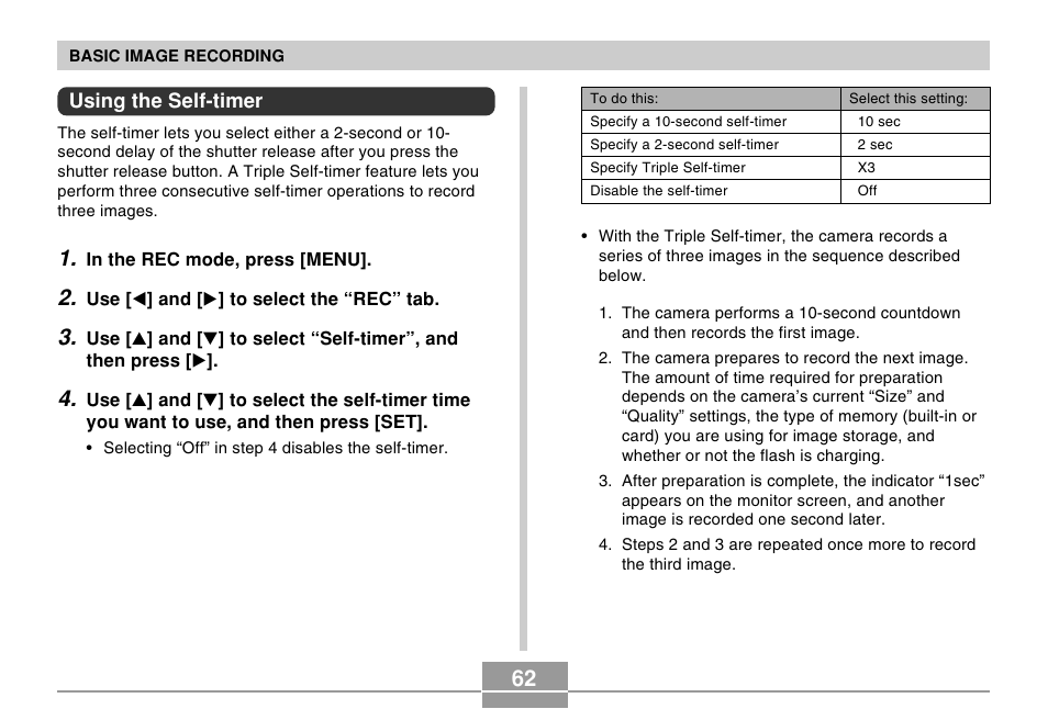 Using the self-timer | Casio R51 User Manual | Page 62 / 184