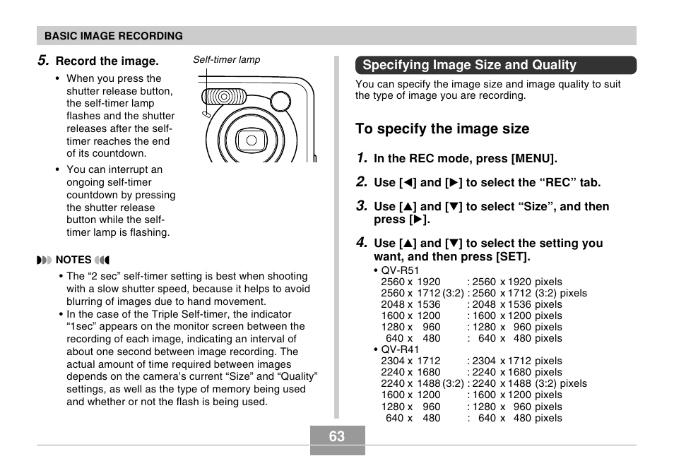 Specifying image size and quality, To specify the image size | Casio R51 User Manual | Page 63 / 184