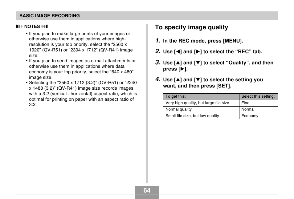 To specify image quality | Casio R51 User Manual | Page 64 / 184