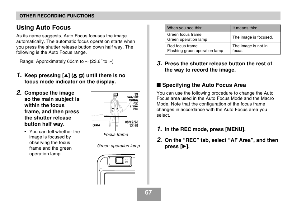 Using auto focus, Specifying the auto focus area | Casio R51 User Manual | Page 67 / 184