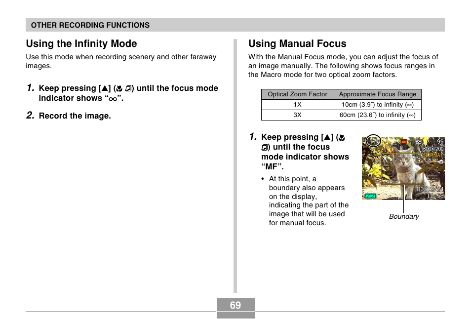 Using the infinity mode, Using manual focus | Casio R51 User Manual | Page 69 / 184