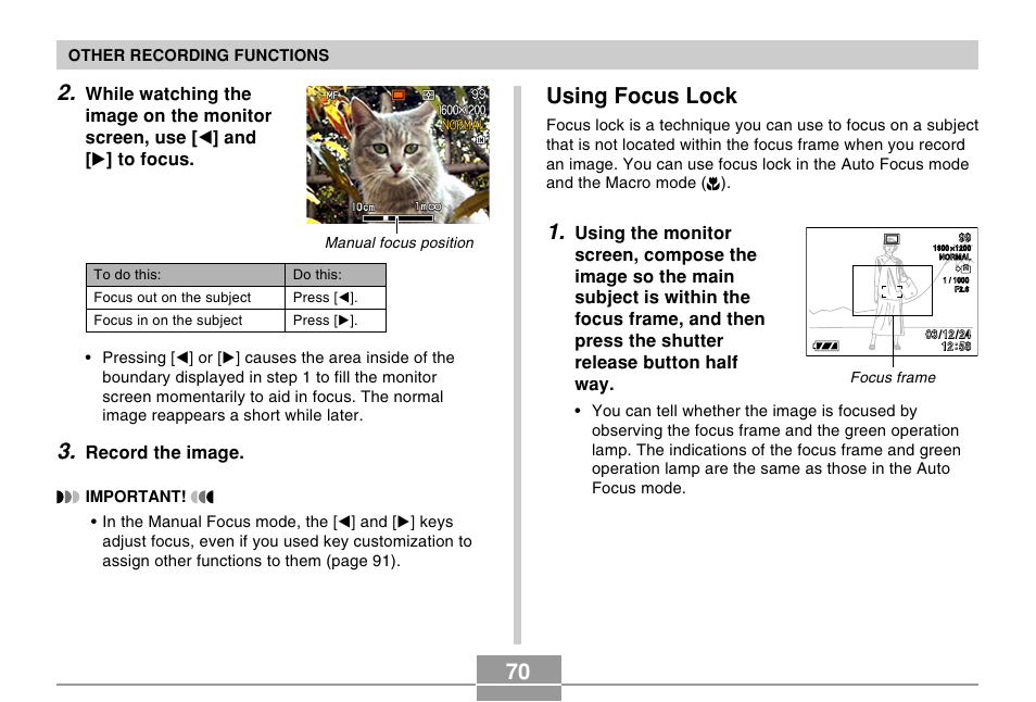 Using focus lock | Casio R51 User Manual | Page 70 / 184