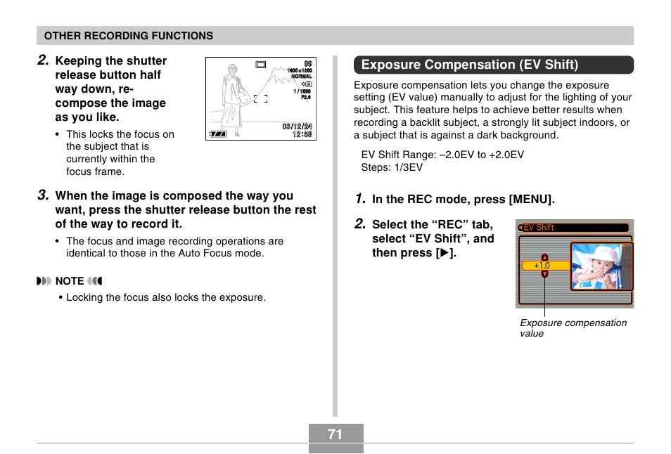 Exposure compensation (ev shift) | Casio R51 User Manual | Page 71 / 184