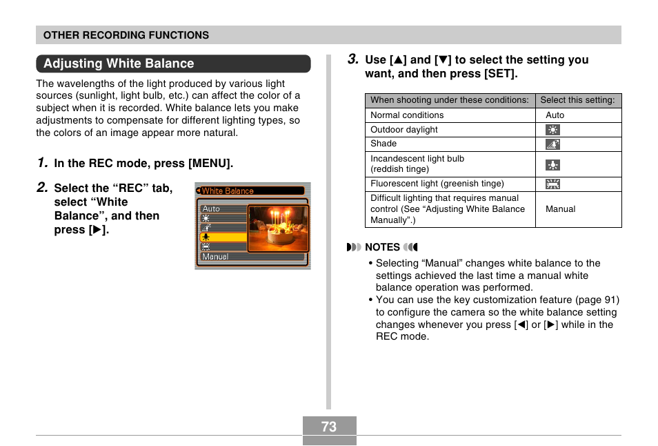 Adjusting white balance | Casio R51 User Manual | Page 73 / 184