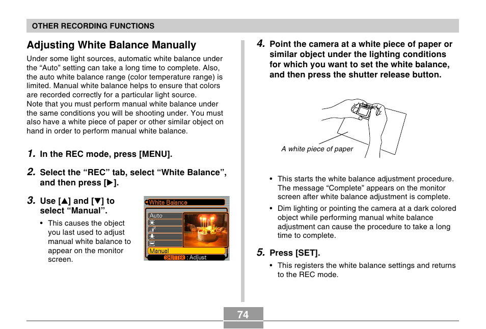 Adjusting white balance manually | Casio R51 User Manual | Page 74 / 184