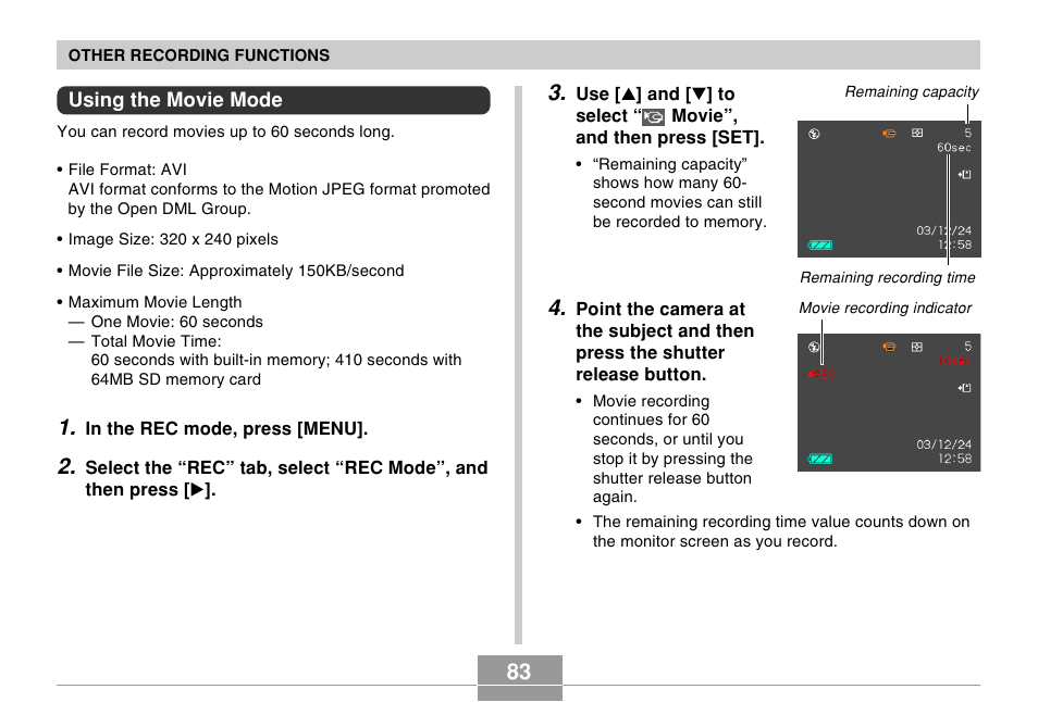 Using the movie mode | Casio R51 User Manual | Page 83 / 184