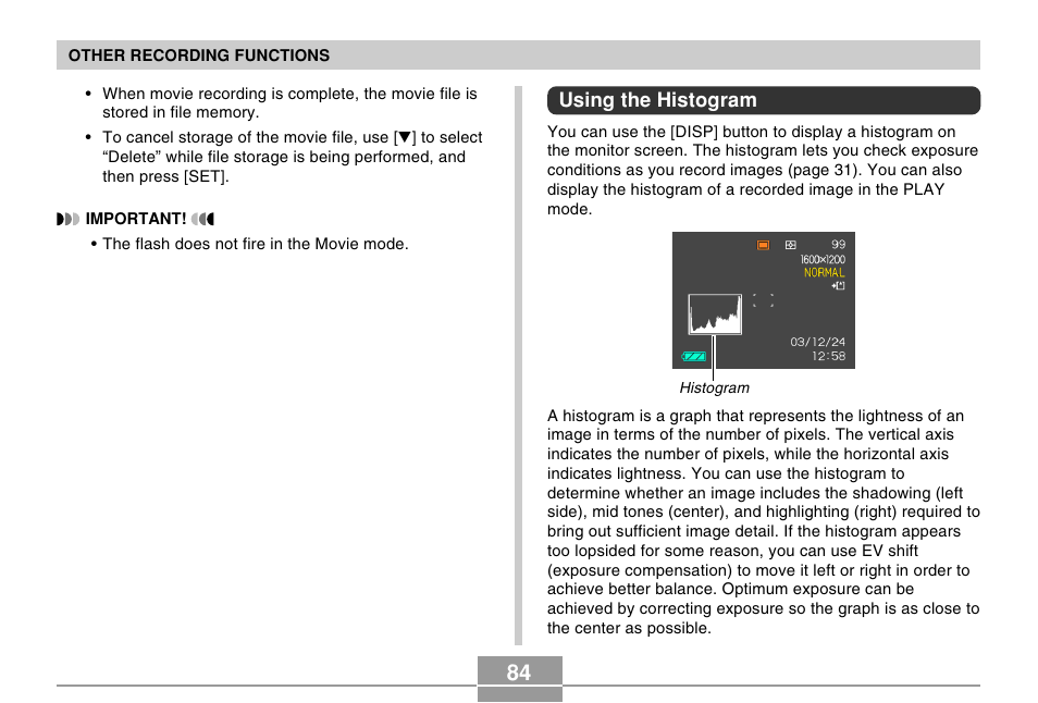 Using the histogram | Casio R51 User Manual | Page 84 / 184