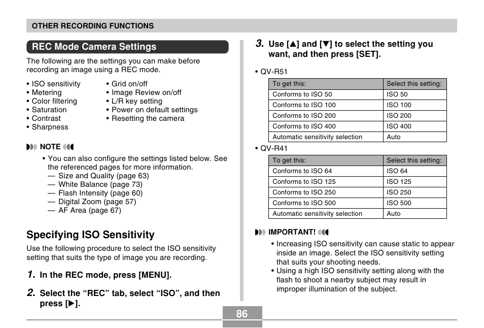 Rec mode camera settings, Specifying iso sensitivity | Casio R51 User Manual | Page 86 / 184