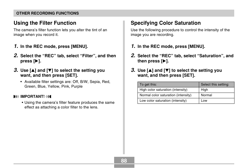 Using the filter function, Specifying color saturation | Casio R51 User Manual | Page 88 / 184