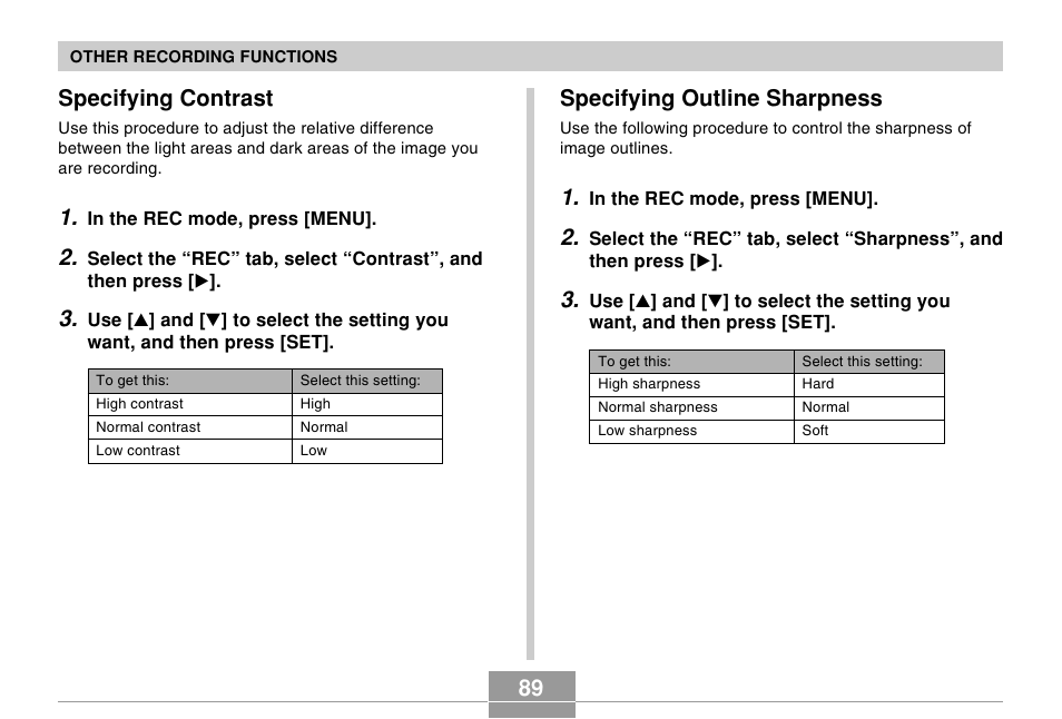 Specifying contrast, Specifying outline sharpness | Casio R51 User Manual | Page 89 / 184