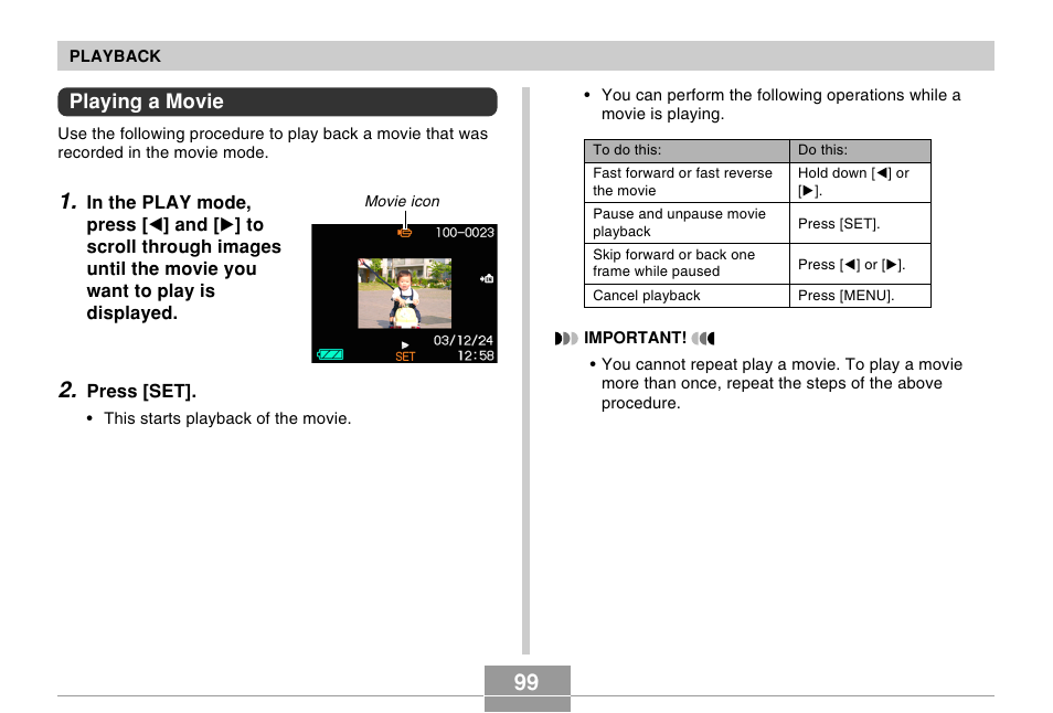 Playing a movie | Casio R51 User Manual | Page 99 / 184