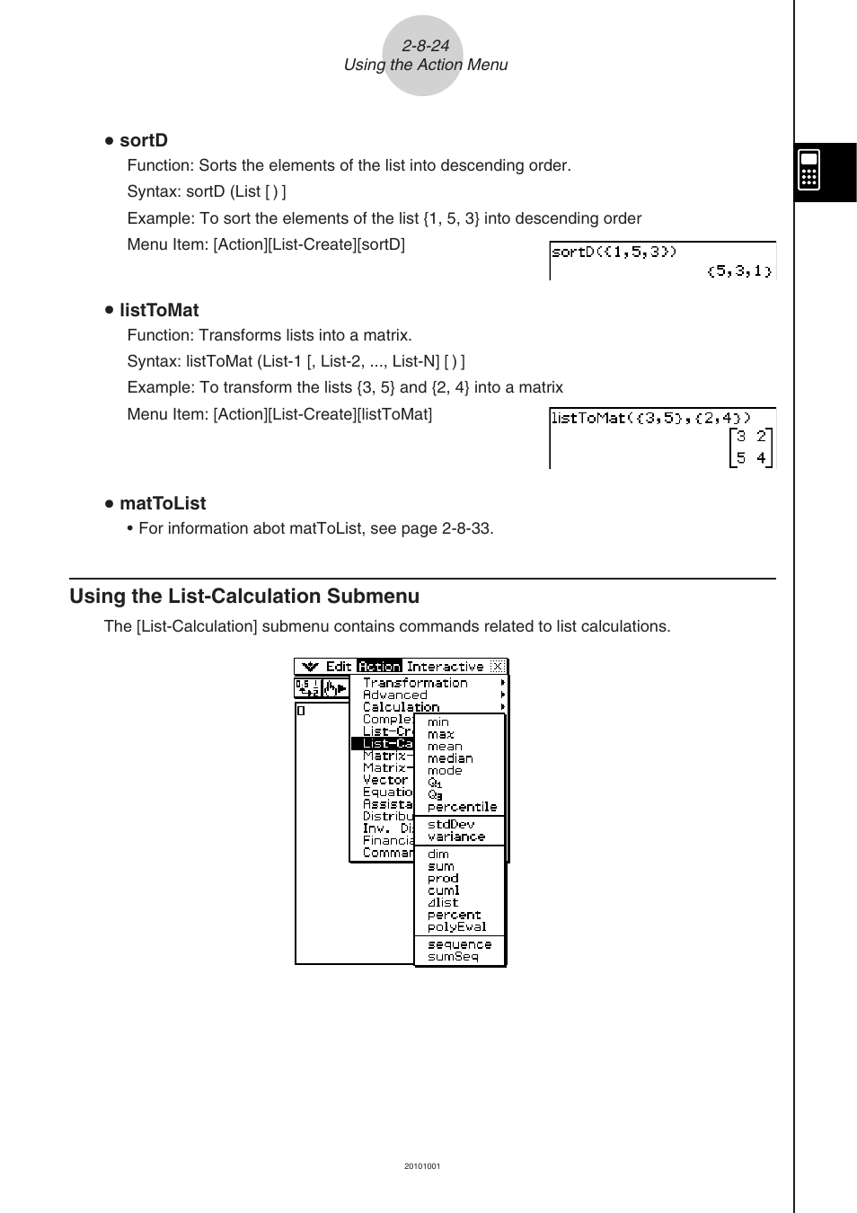 Using the list-calculation submenu -8-24, Using the list-calculation submenu | Casio 330 User Manual | Page 184 / 965