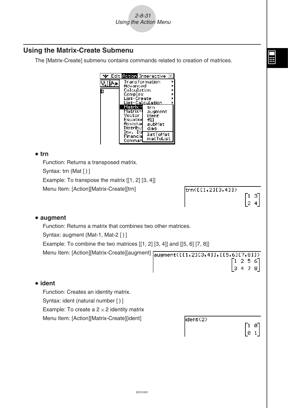 Using the matrix-create submenu -8-31, Using the matrix-create submenu | Casio 330 User Manual | Page 191 / 965