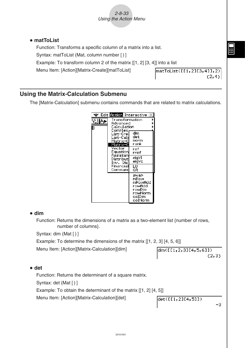 Using the matrix-calculation submenu -8-33, Using the matrix-calculation submenu | Casio 330 User Manual | Page 193 / 965