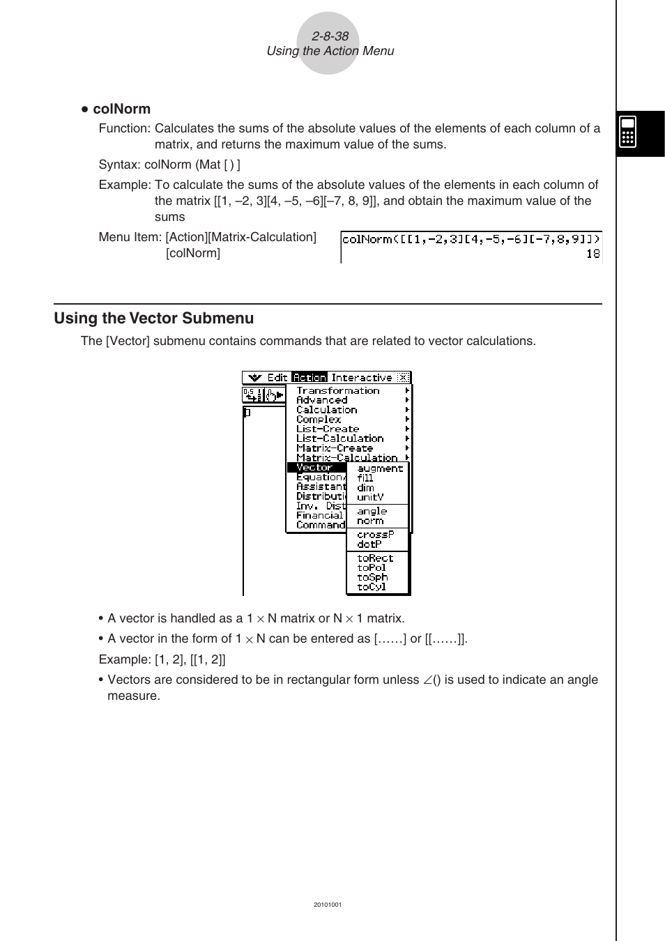 Using the vector submenu -8-38, Using the vector submenu | Casio 330 User Manual | Page 198 / 965