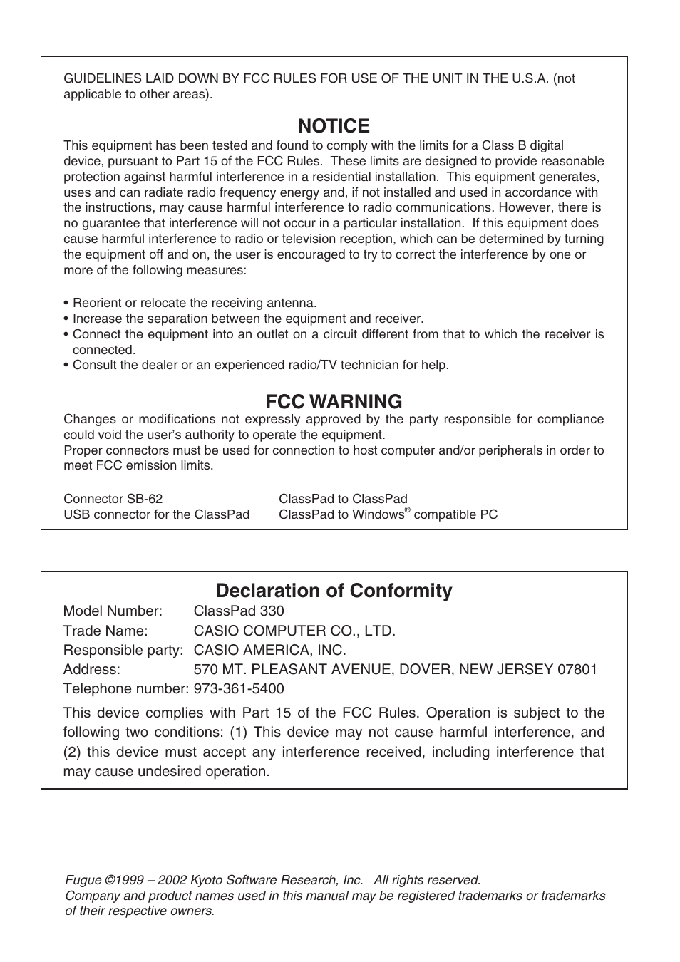 Notice, Fcc warning, Declaration of conformity | Casio 330 User Manual | Page 2 / 965