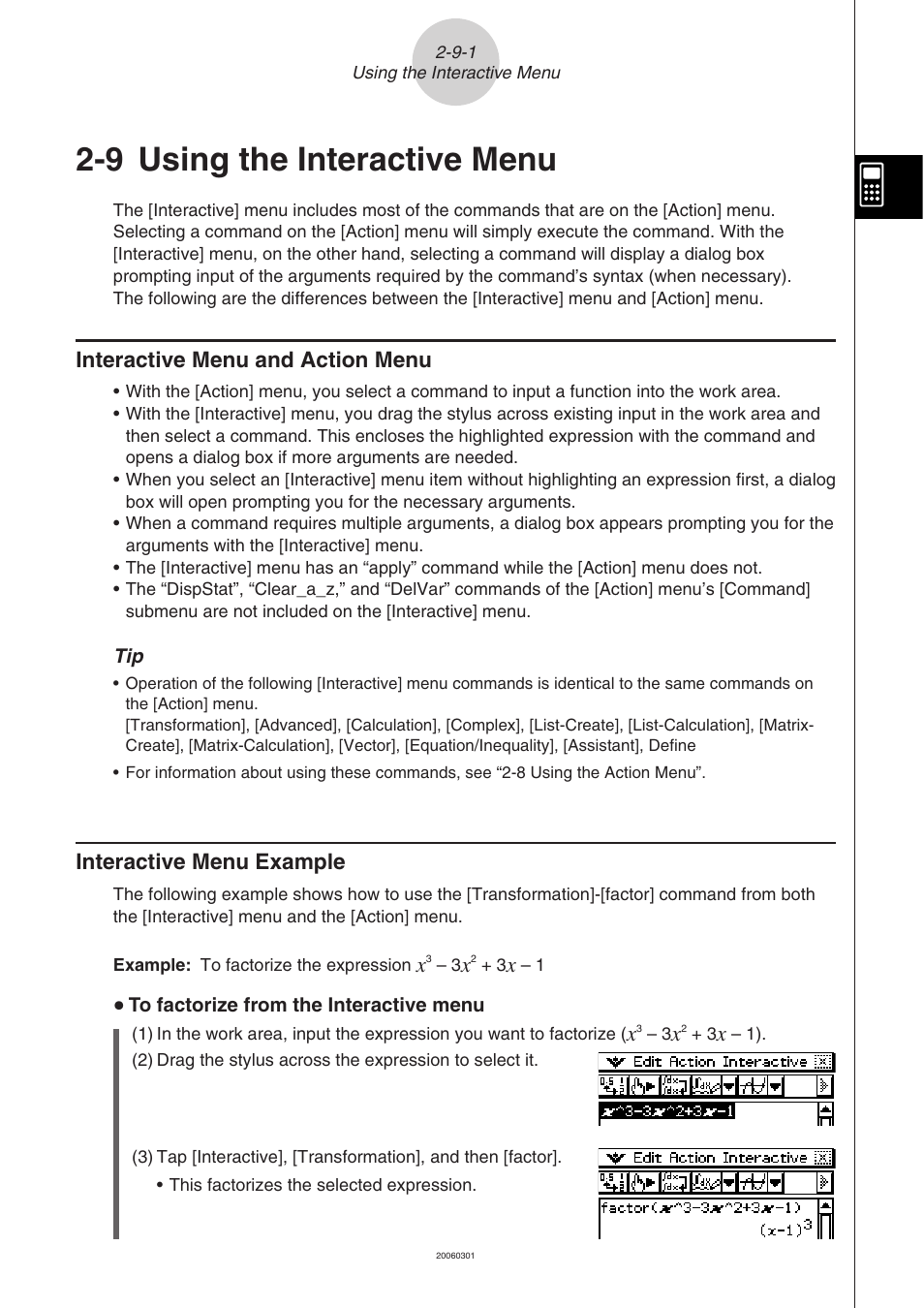 9 using the interactive menu, 9 using the interactive menu -9-1, Interactive menu and action menu | Interactive menu example | Casio 330 User Manual | Page 225 / 965