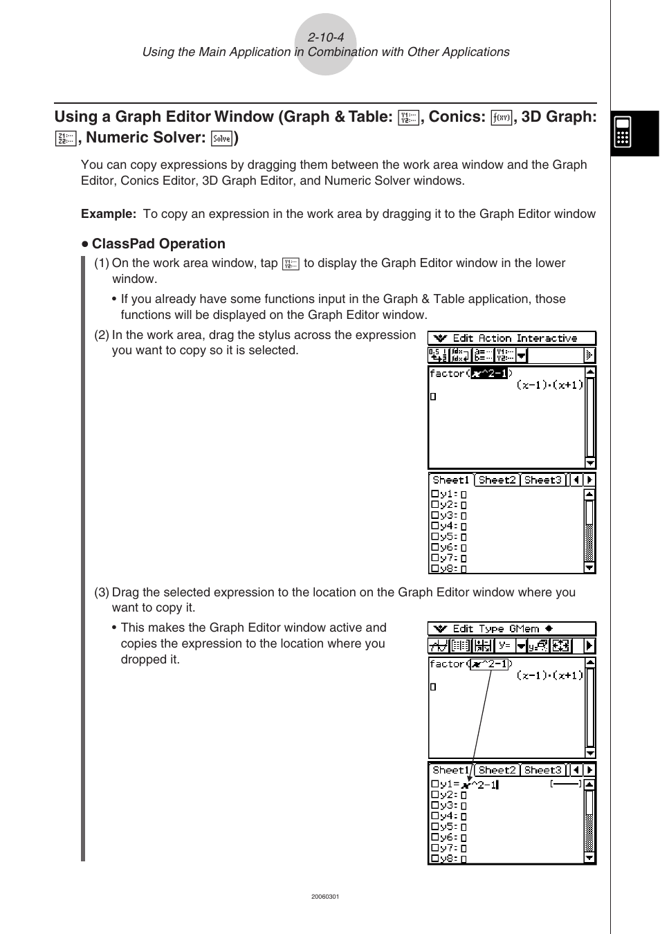 Using a graph editor window (graph & table, Conics, 3d graph | Numeric solver: ) -10-4 | Casio 330 User Manual | Page 232 / 965