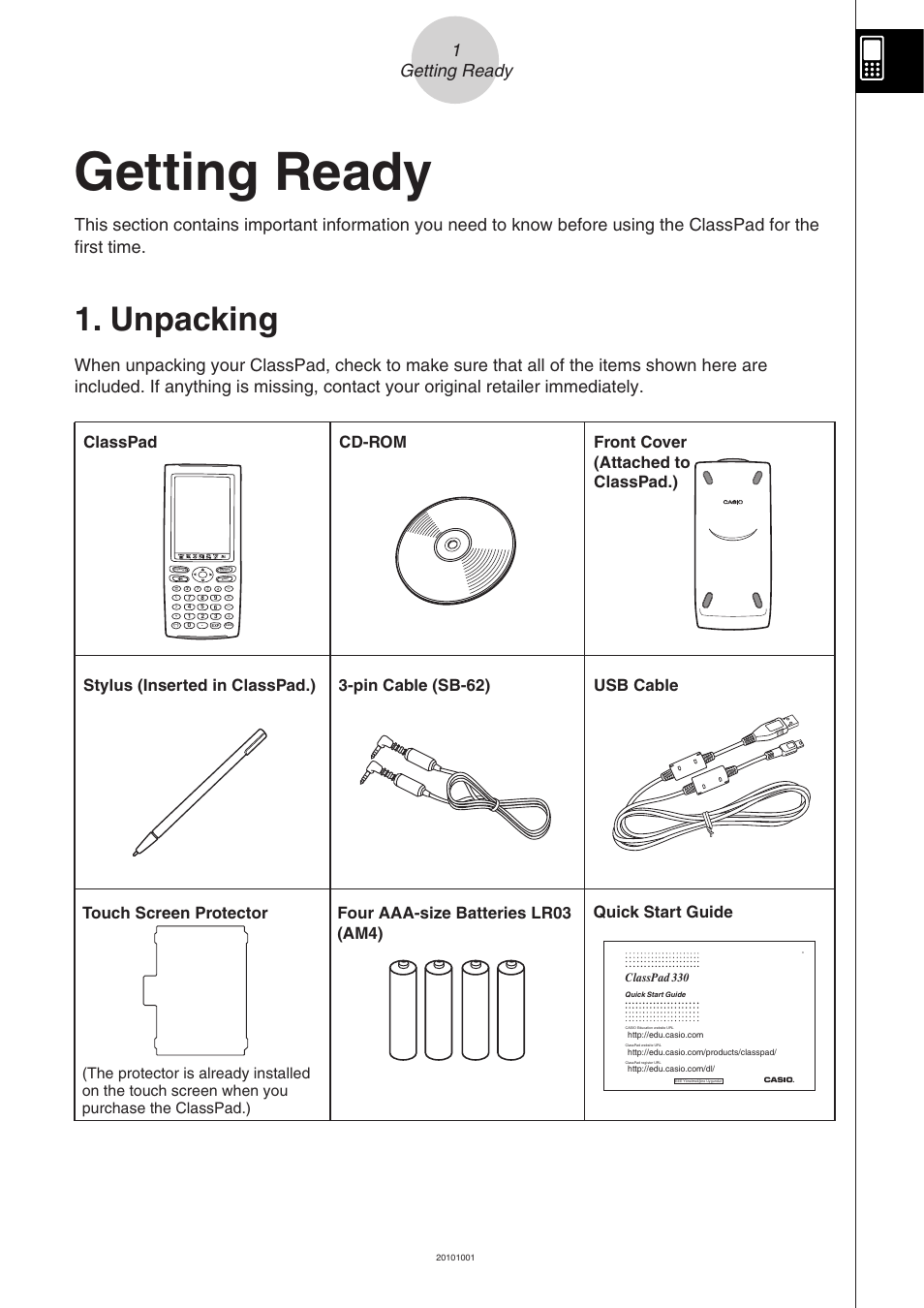 Getting ready, Unpacking, 1getting ready | Casio 330 User Manual | Page 3 / 965