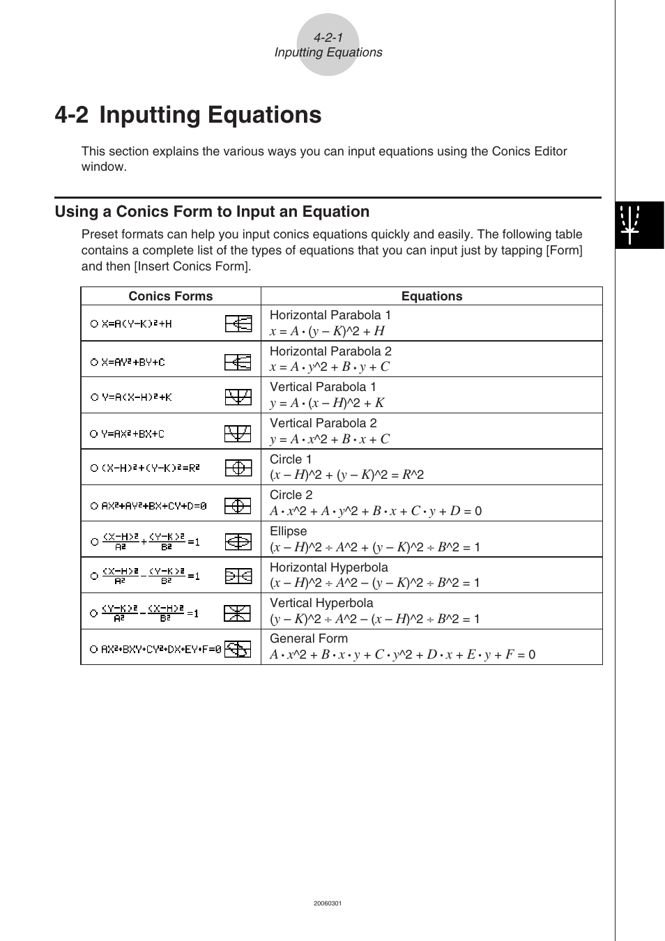2 inputting equations, 2 inputting equations -2-1, Using a conics form to input an equation -2-1 | 2 inputting, Equations | Casio 330 User Manual | Page 334 / 965