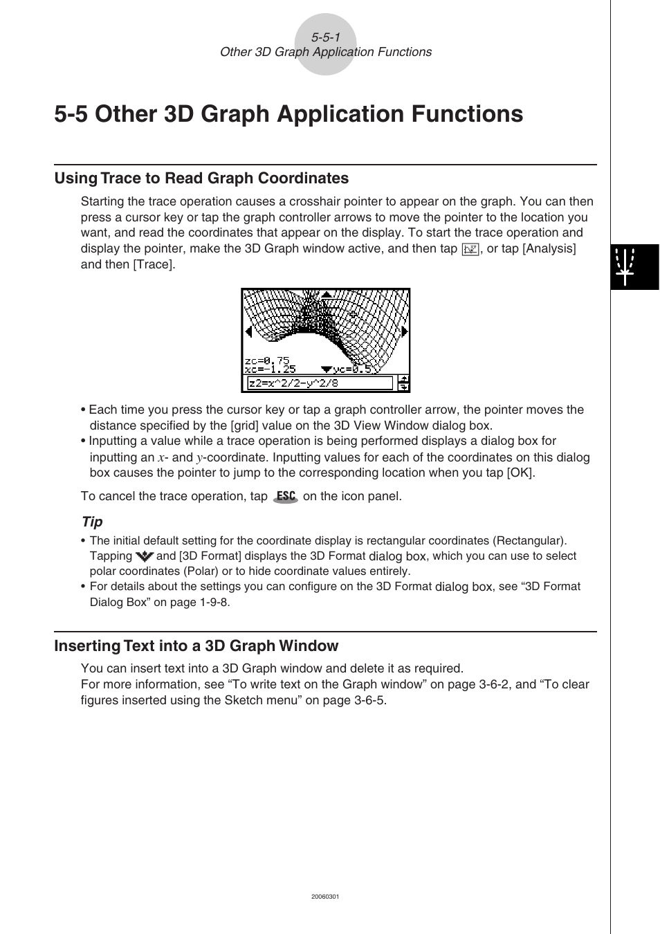 5 other 3d graph application functions, 5 other 3d graph application functions -5-1, Using trace to read graph coordinates | Inserting text into a 3d graph window | Casio 330 User Manual | Page 366 / 965