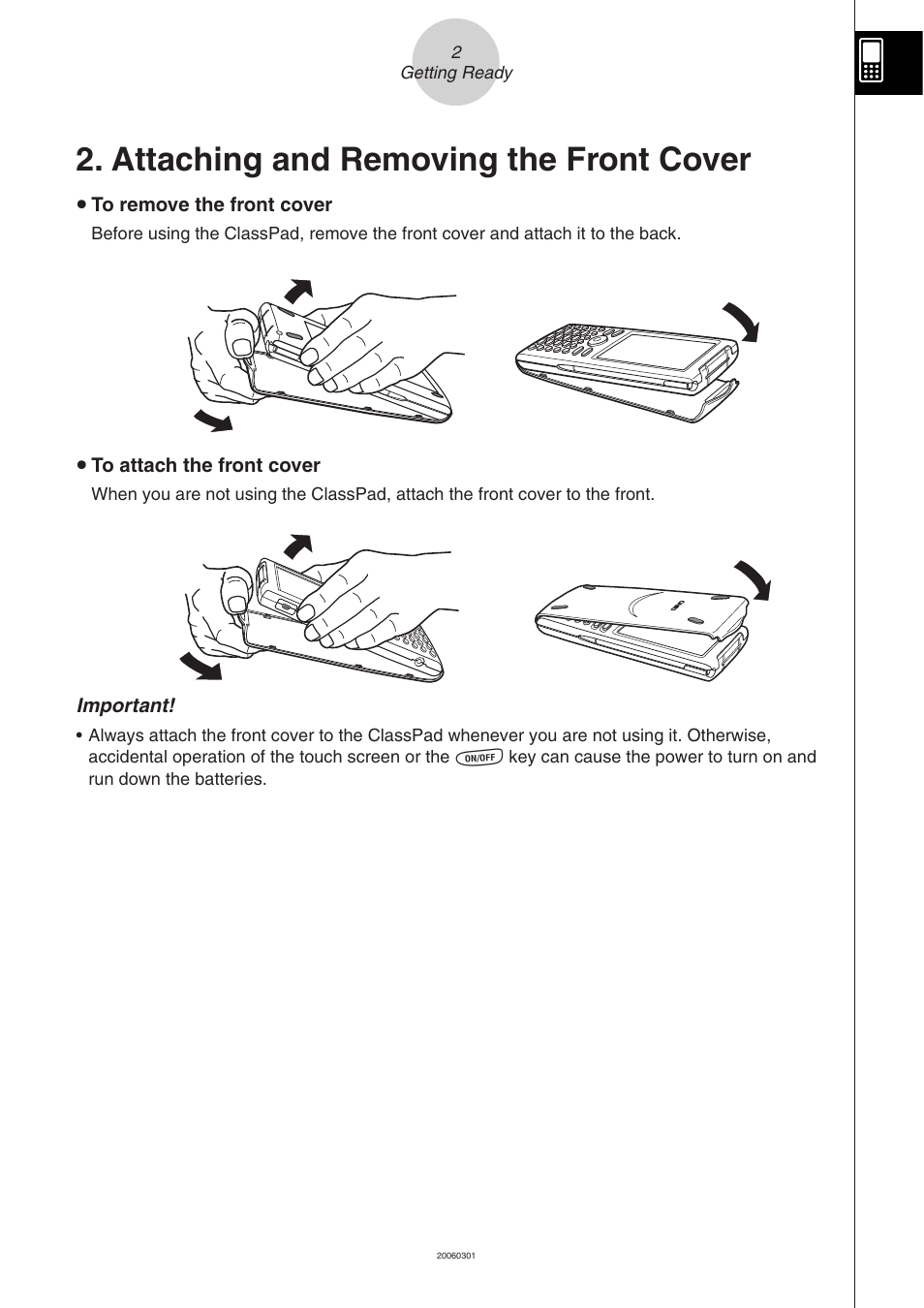 Attaching and removing the front cover | Casio 330 User Manual | Page 4 / 965