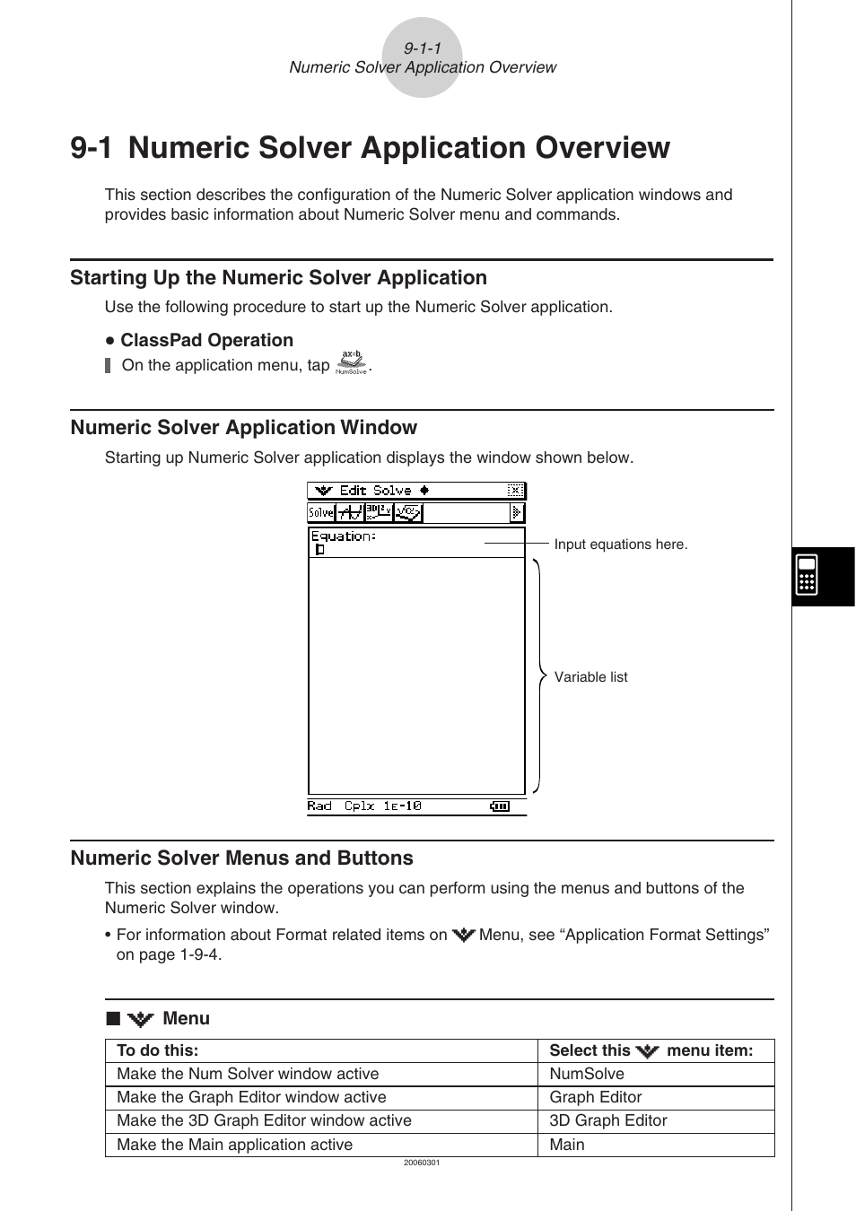 1 numeric solver application overview, 1 numeric solver application overview -1-1, Numeric solver application window | Starting up the numeric solver application, Numeric solver menus and buttons | Casio 330 User Manual | Page 577 / 965