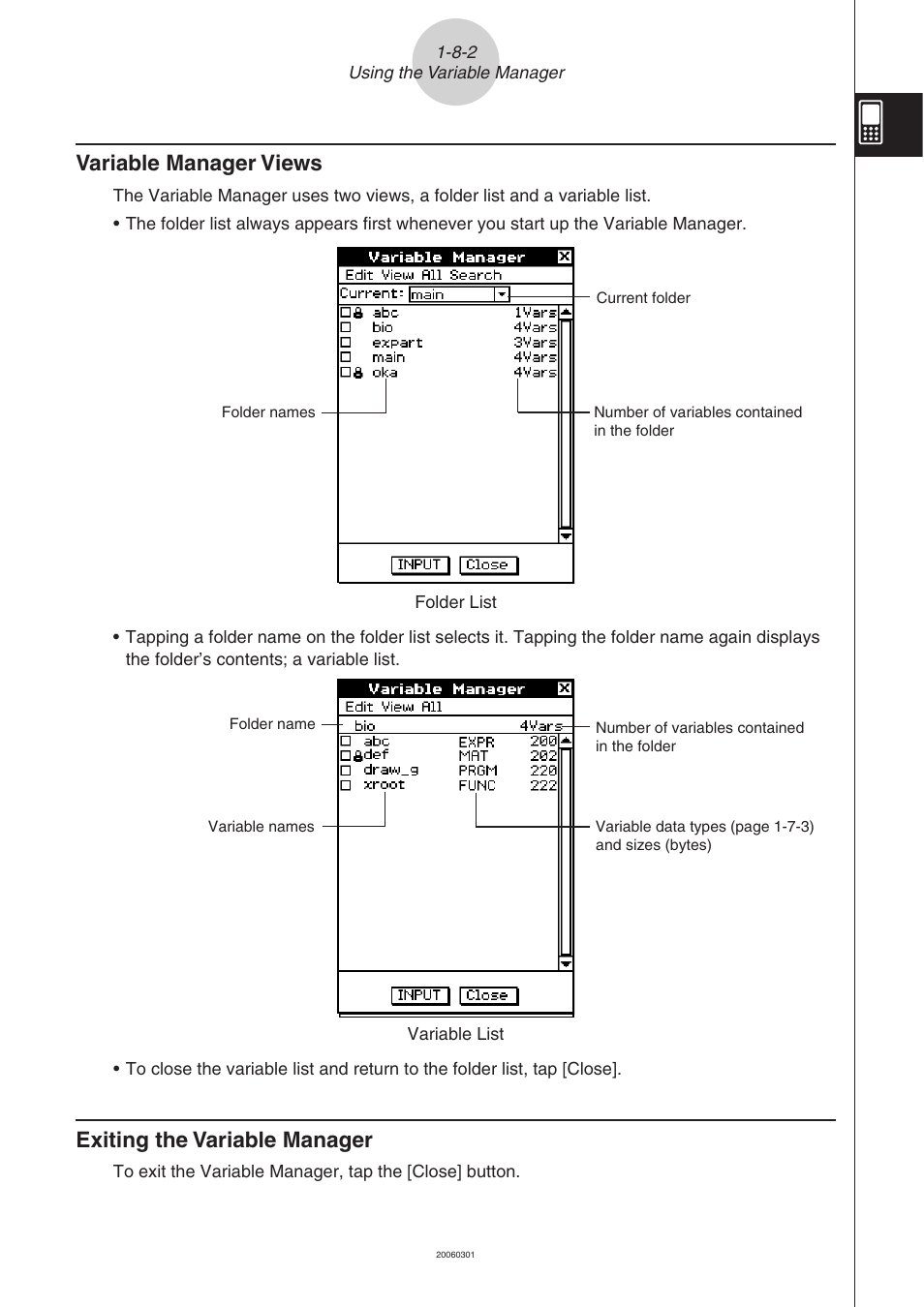 Exiting the variable manager, Variable manager views | Casio 330 User Manual | Page 82 / 965