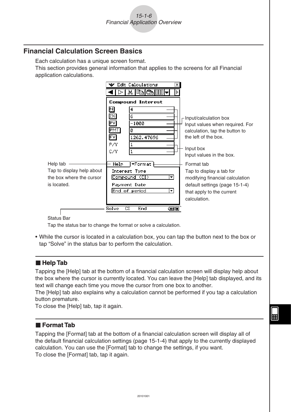 Financial calculation screen basics -1-6, Financial calculation screen basics, I help tab help tab | I format tab format tab | Casio 330 User Manual | Page 848 / 965