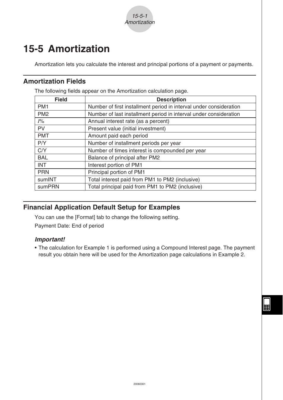 5 amortization, Amortization, Amortization fields -5-1 | Amortization fields, Financial application default setup for examples | Casio 330 User Manual | Page 859 / 965