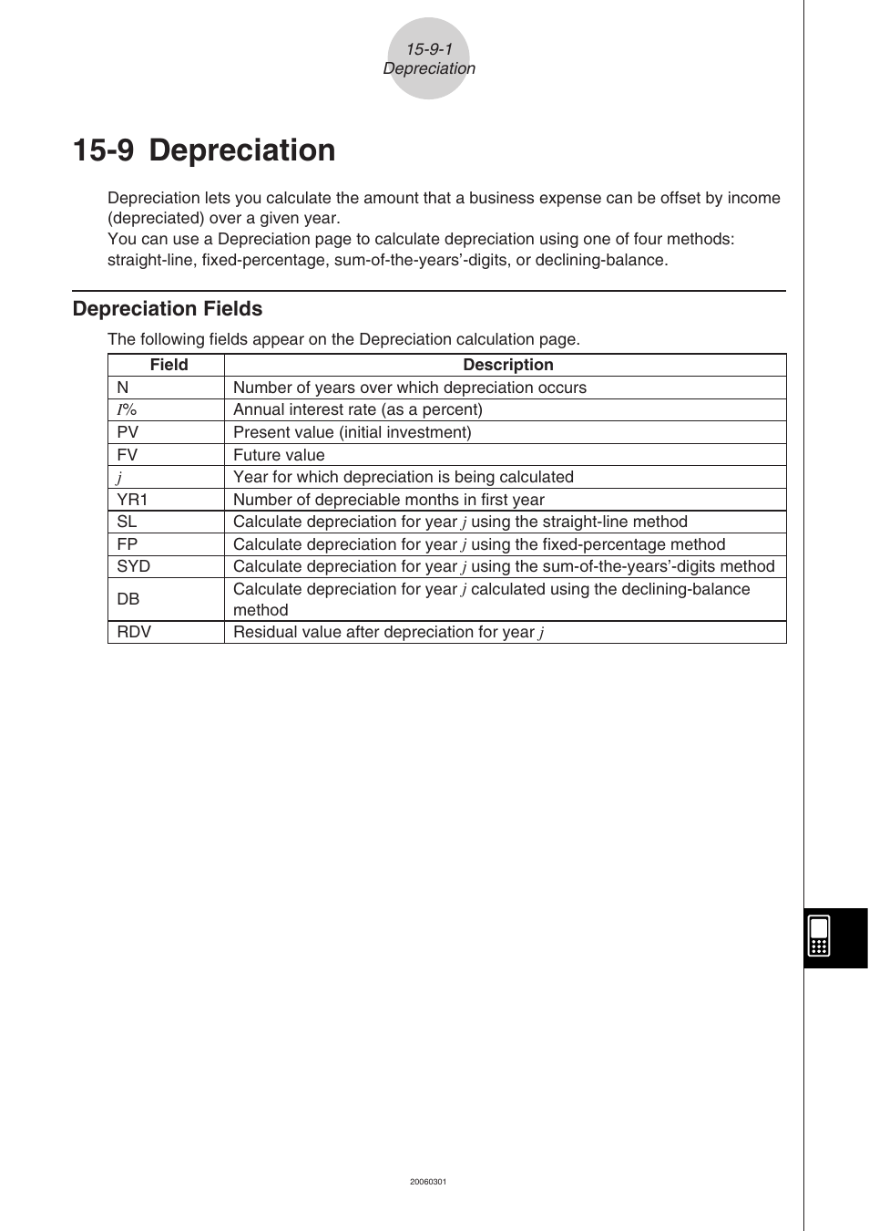 9 depreciation, Depreciation, Depreciation fields -9-1 | Depreciation fields | Casio 330 User Manual | Page 868 / 965