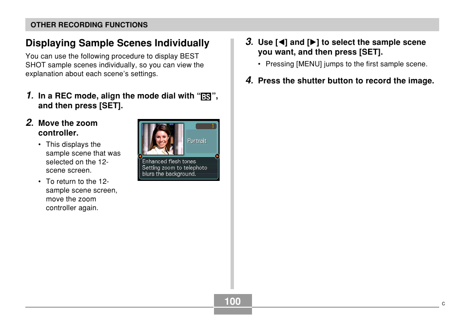 Displaying sample scenes individually | Casio EX-Z10 User Manual | Page 100 / 242