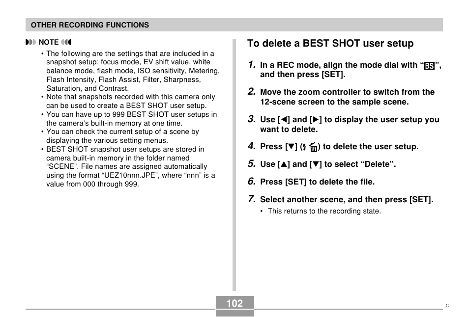 To delete a best shot user setup | Casio EX-Z10 User Manual | Page 102 / 242