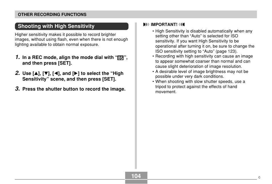 Shooting with high sensitivity | Casio EX-Z10 User Manual | Page 104 / 242
