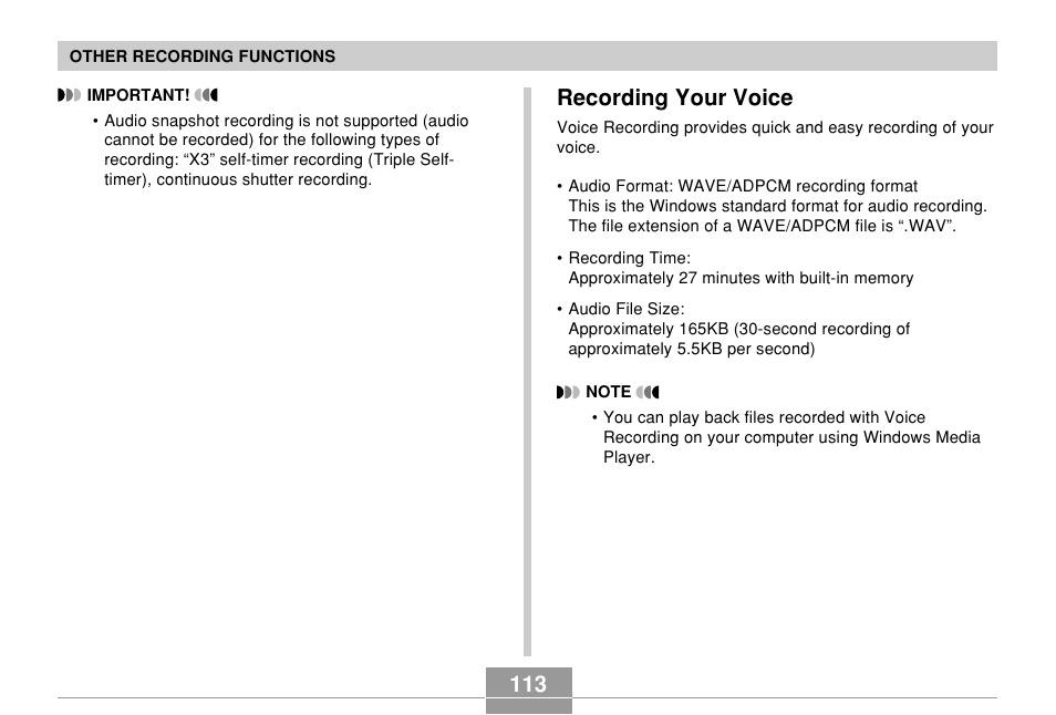 Recording your voice | Casio EX-Z10 User Manual | Page 113 / 242