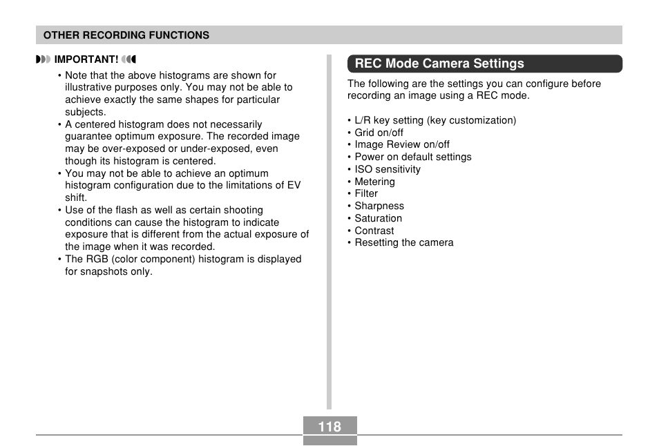 Rec mode camera settings | Casio EX-Z10 User Manual | Page 118 / 242