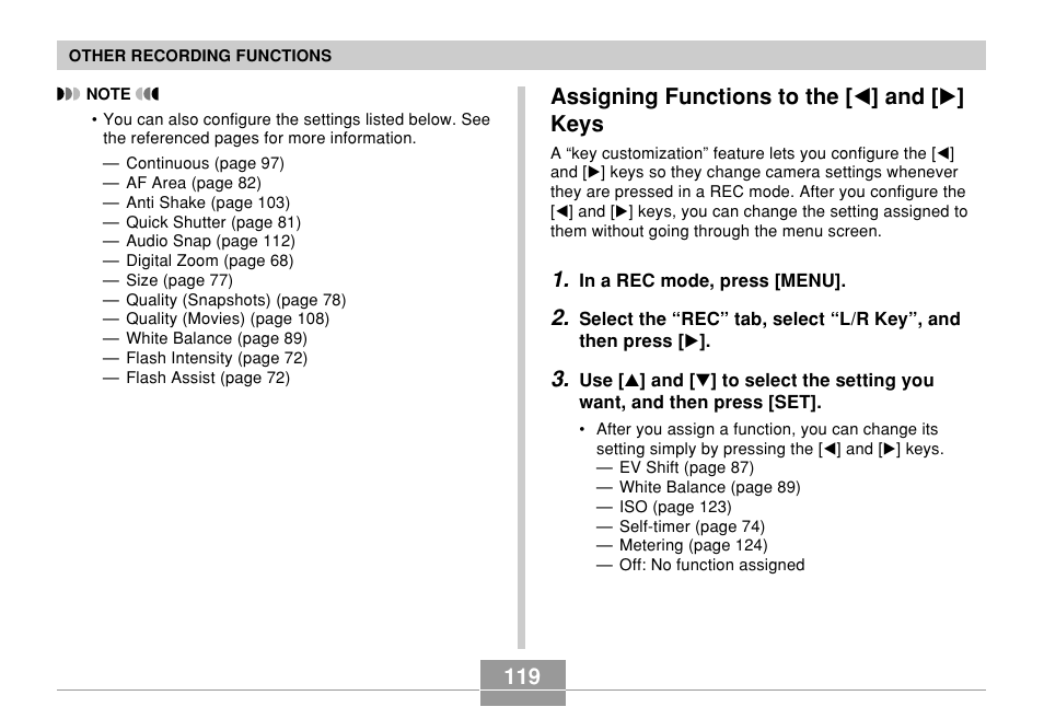 Assigning functions to the [<] and [>] keys, Assigning functions to the [ ̇ ] and [ ̈ ] keys | Casio EX-Z10 User Manual | Page 119 / 242