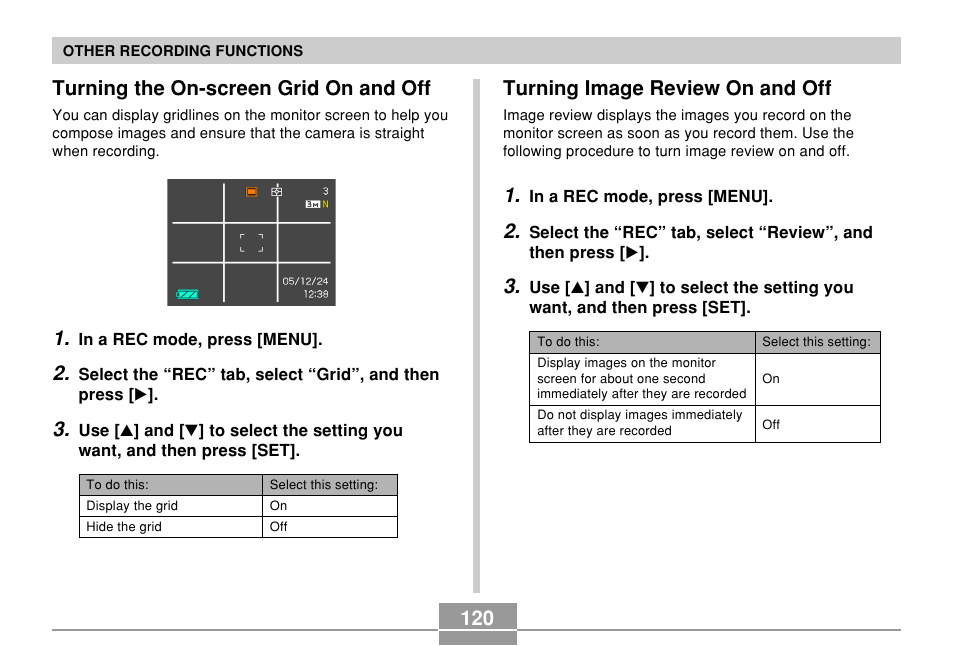 Turning the on-screen grid on and off, Turning image review on and off | Casio EX-Z10 User Manual | Page 120 / 242
