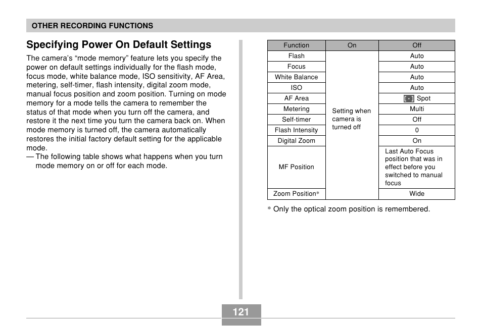 Specifying power on default settings | Casio EX-Z10 User Manual | Page 121 / 242