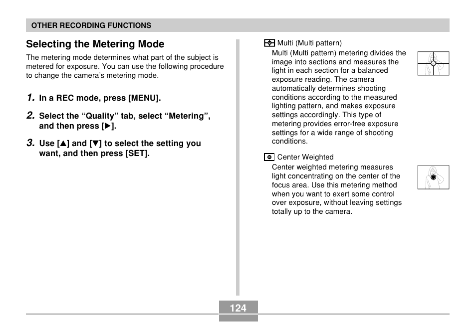Selecting the metering mode | Casio EX-Z10 User Manual | Page 124 / 242