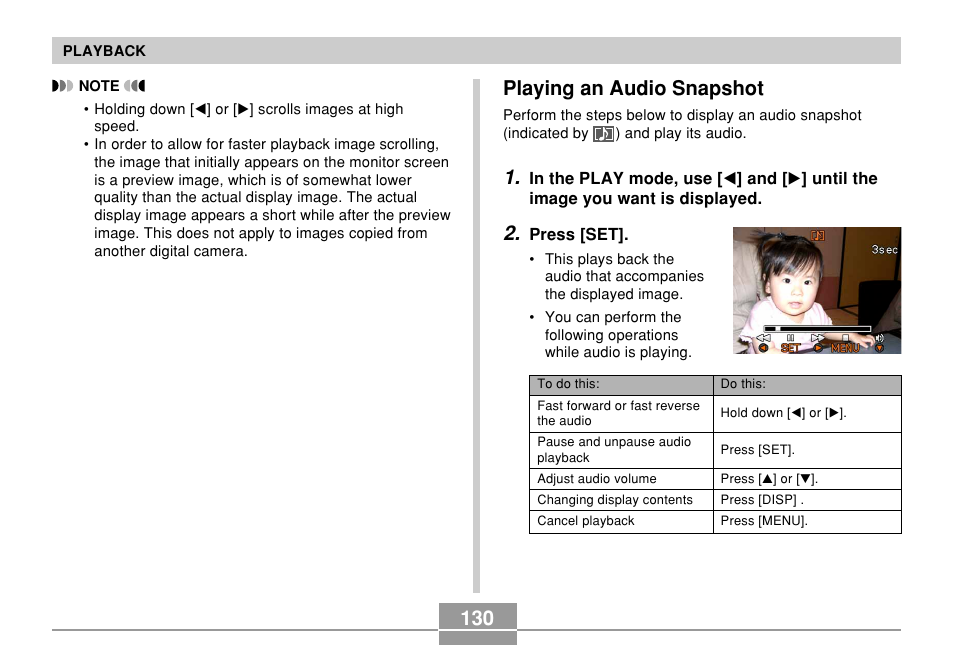 Playing an audio snapshot | Casio EX-Z10 User Manual | Page 130 / 242