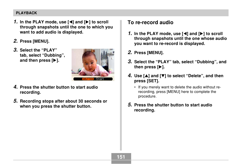 To re-record audio | Casio EX-Z10 User Manual | Page 151 / 242
