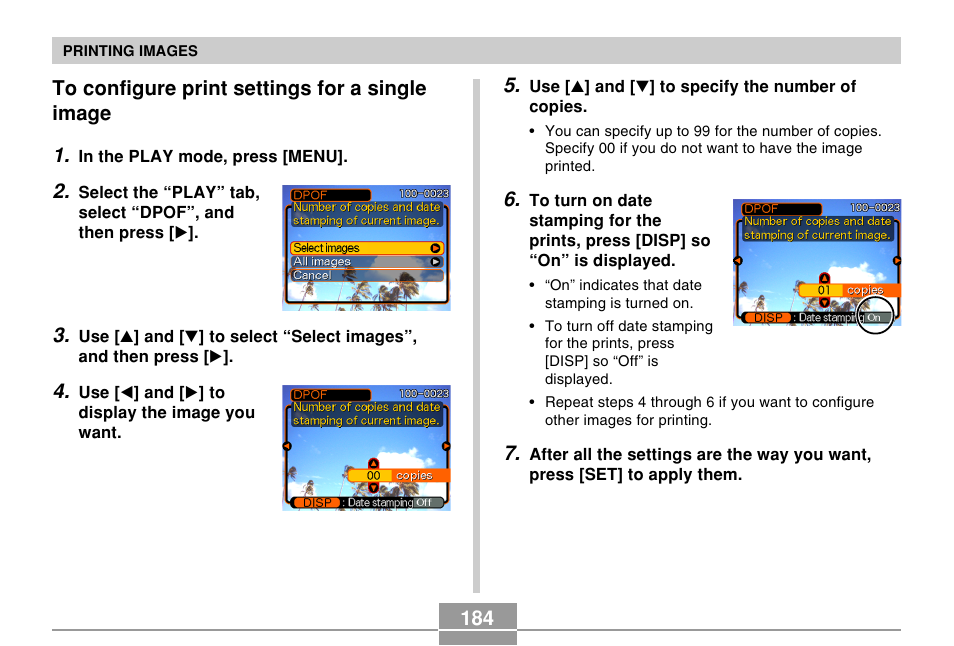 To configure print settings for a single image | Casio EX-Z10 User Manual | Page 184 / 242