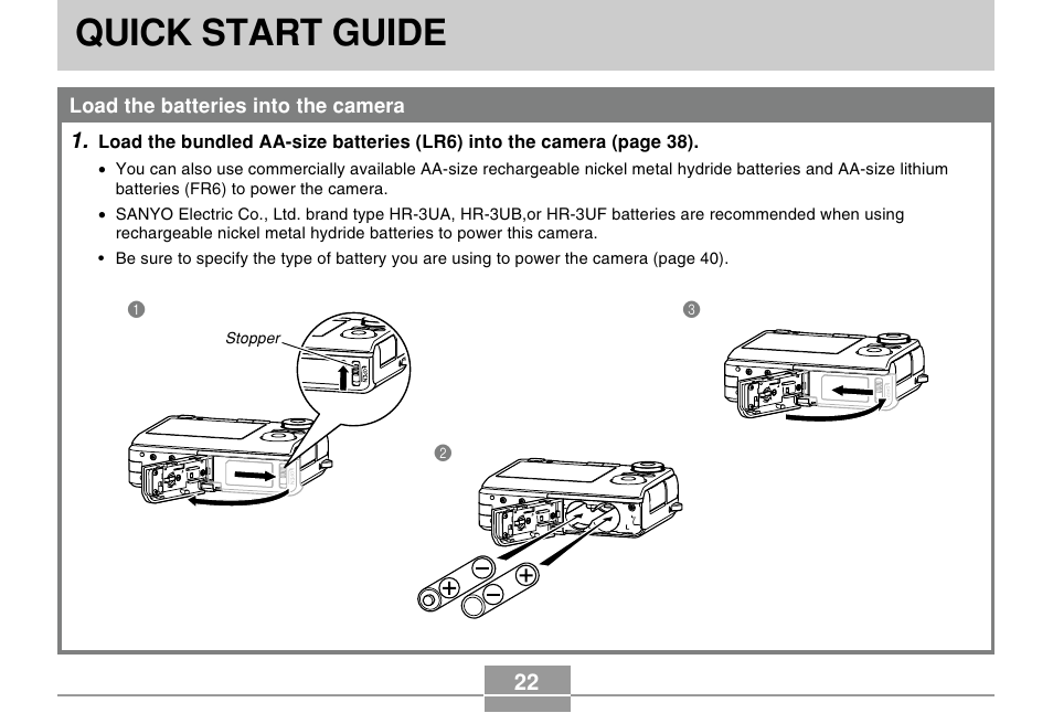 Quick start guide, Load the batteries into the camera | Casio EX-Z10 User Manual | Page 22 / 242