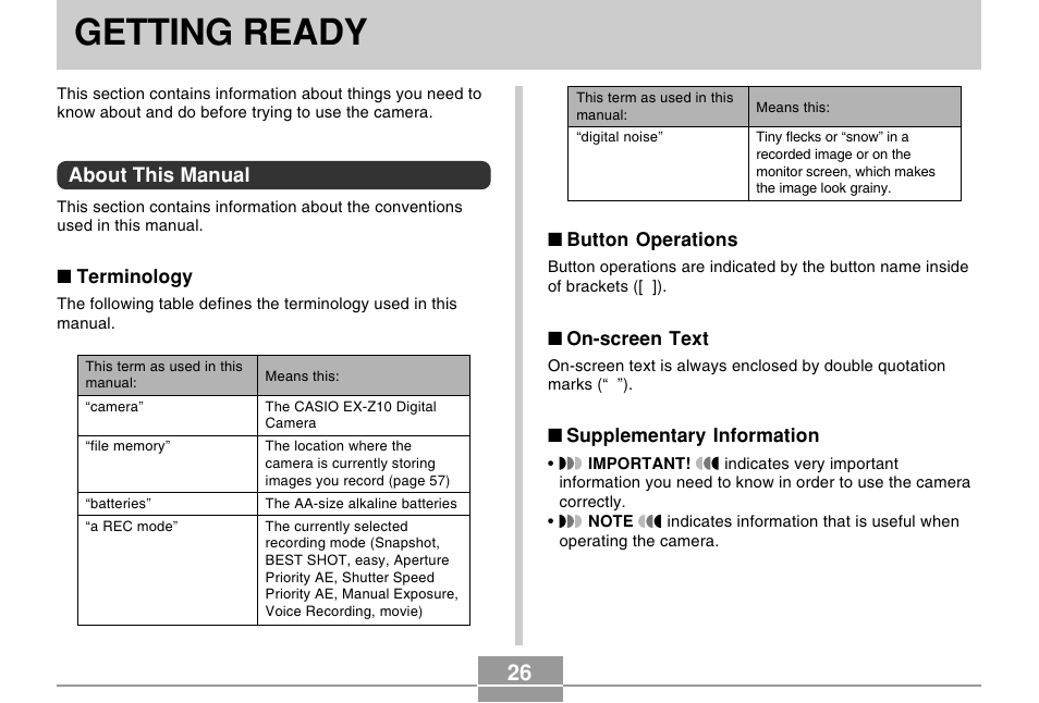Getting ready, About this manual | Casio EX-Z10 User Manual | Page 26 / 242