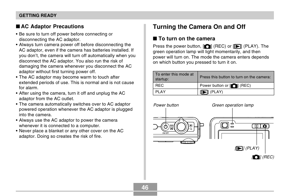 Turning the camera on and off | Casio EX-Z10 User Manual | Page 46 / 242