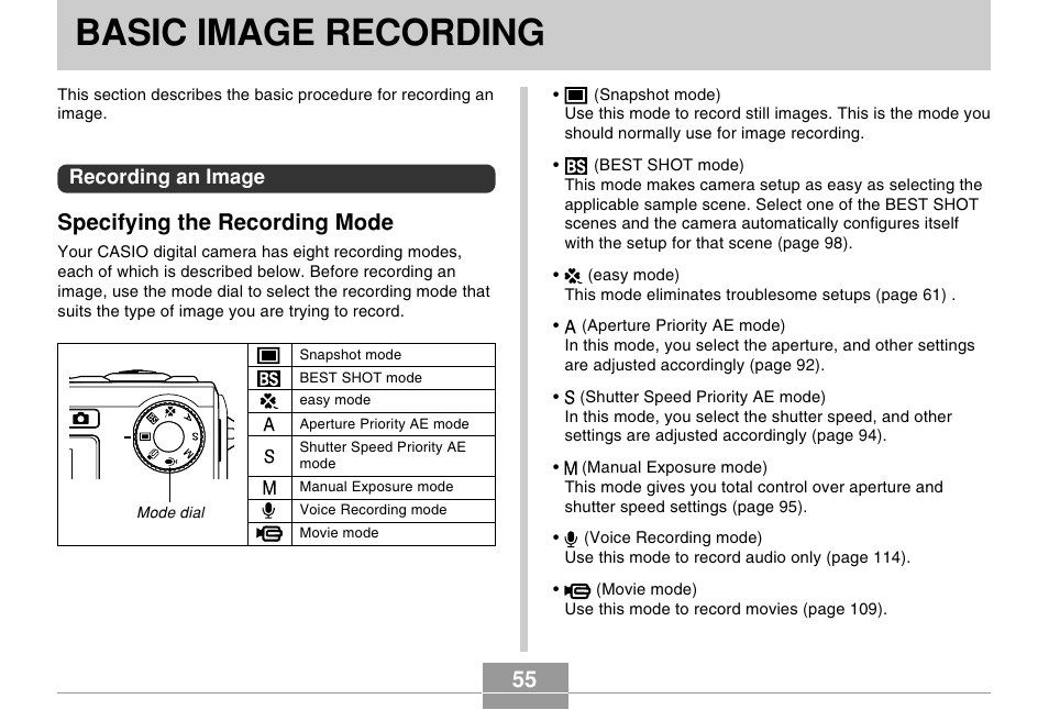 Basic image recording, Recording an image, Specifying the recording mode | Casio EX-Z10 User Manual | Page 55 / 242