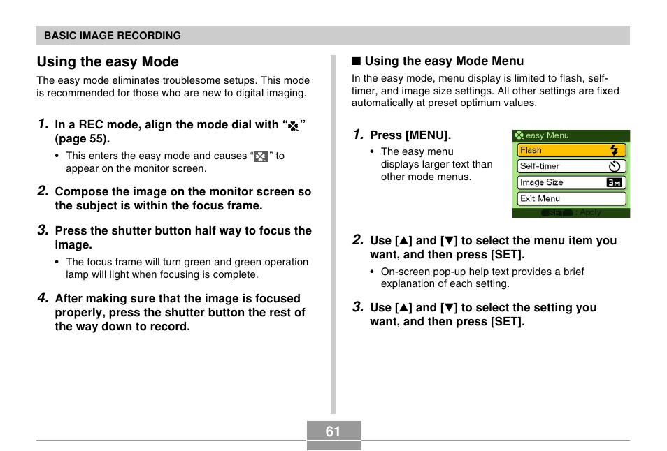 Using the easy mode, 61 using the easy mode | Casio EX-Z10 User Manual | Page 61 / 242