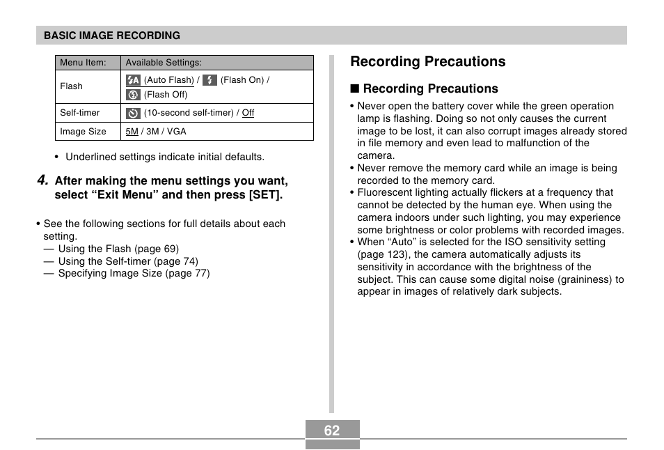 Recording precautions | Casio EX-Z10 User Manual | Page 62 / 242