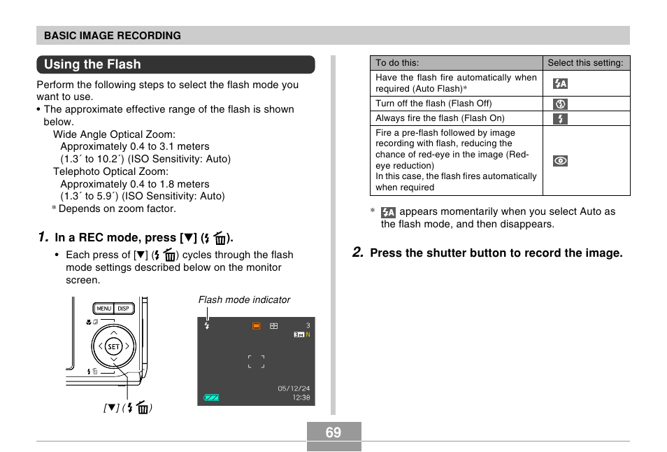 Using the flash | Casio EX-Z10 User Manual | Page 69 / 242